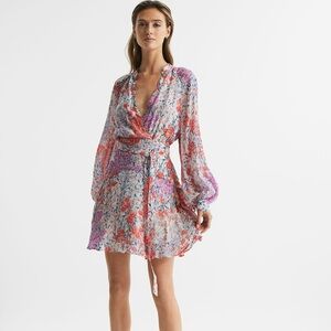 REISS KIERA FLORAL PRINTED LONG SLEEVE MINI DRESS IN CORAL/WHITE